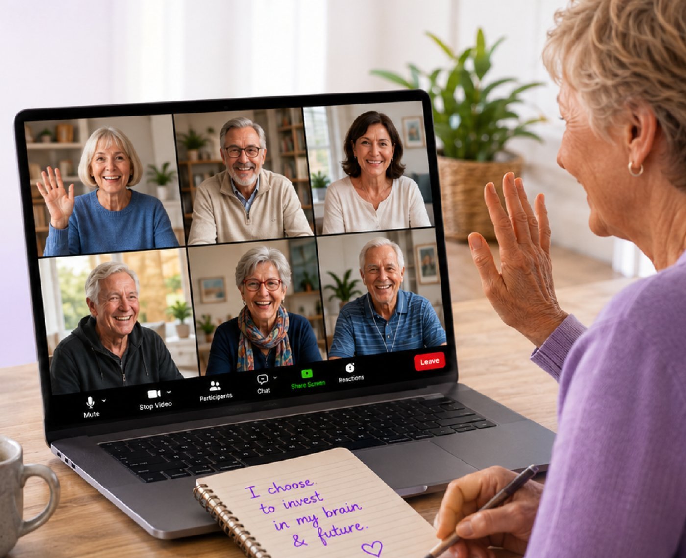 Senior woman waving at her laptop during a live Valia Live video session with five other members